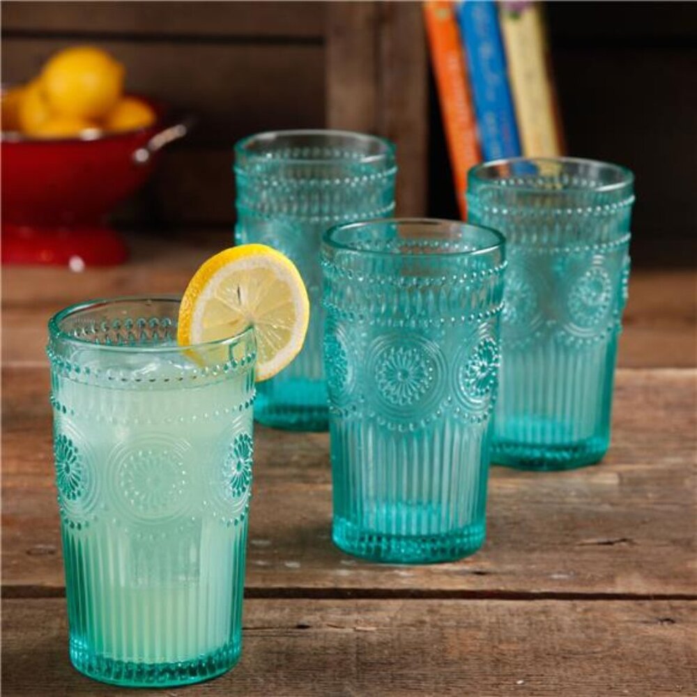The Pioneer Woman Adeline 16-Ounce Teal Emboss Glass Tumblers, Set of 4